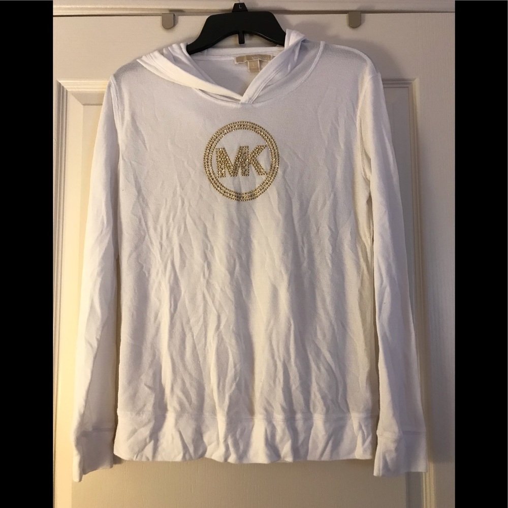 Michael Kors white long sleeve hoodie with gold MK logo on front. Large.